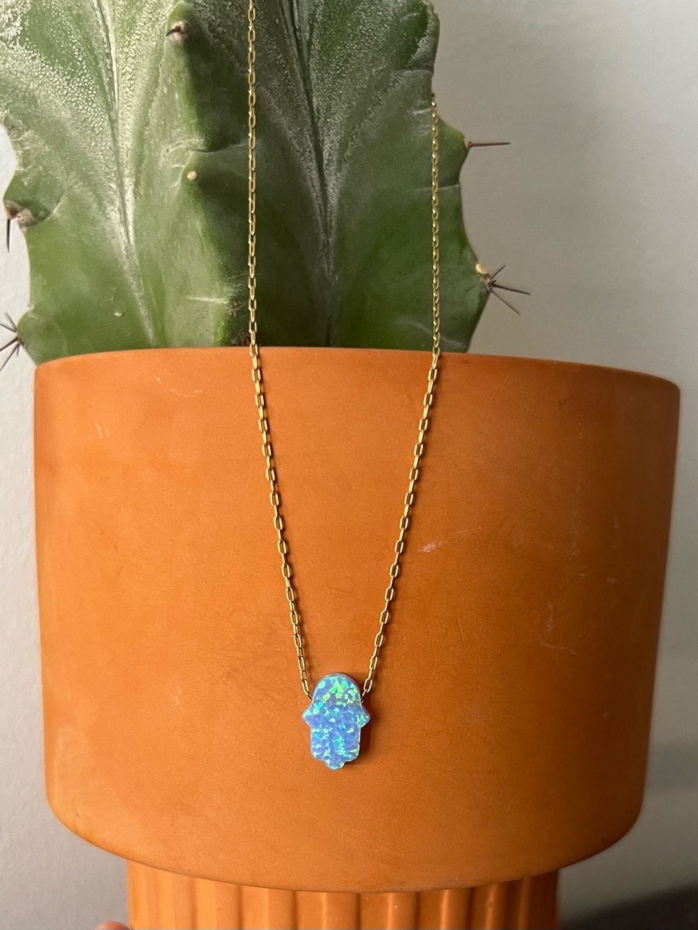 Gold Chain Necklace with Blue Hamsa Pendant